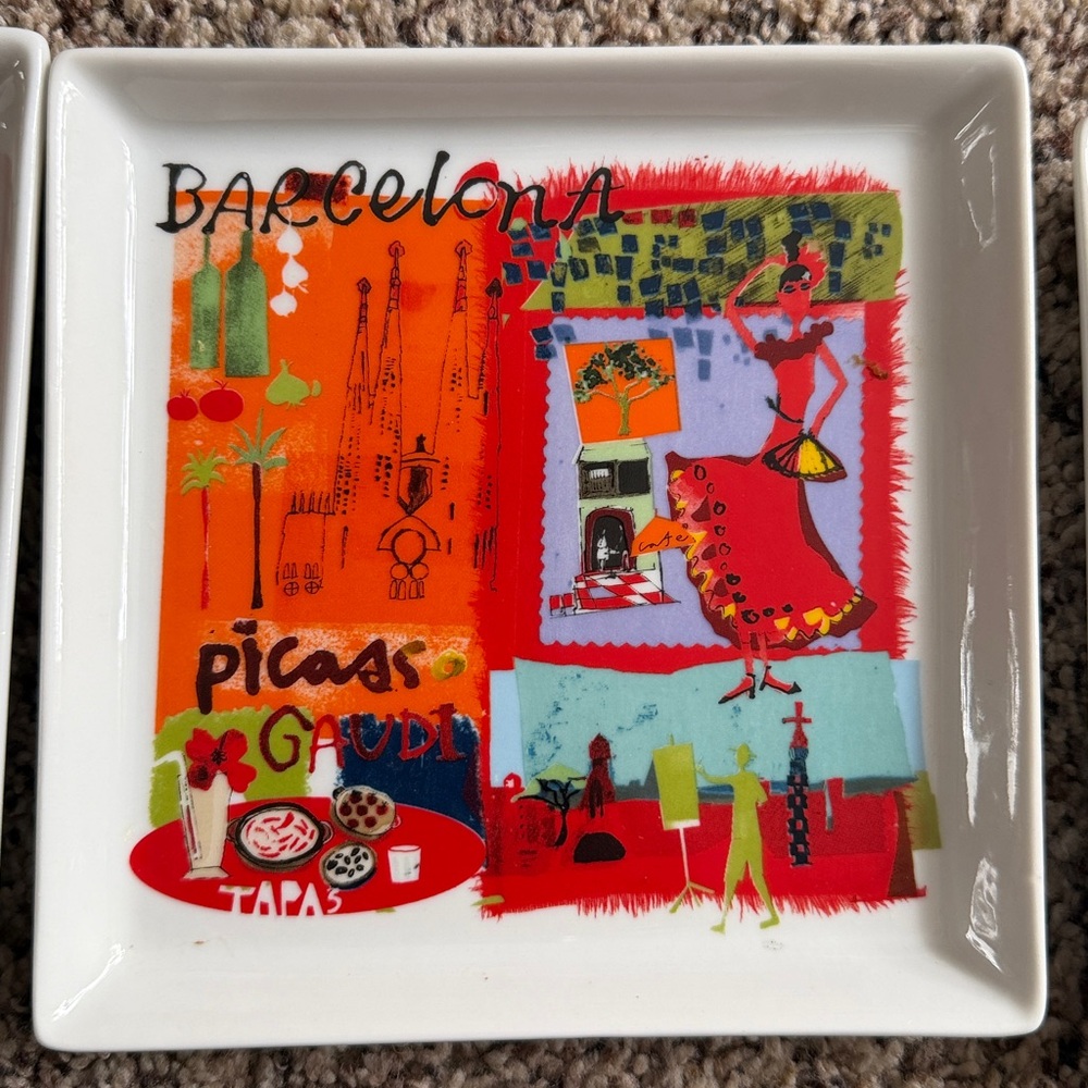 Crate&Barrel Travel Plates Set City Scenes Square Appetizer Plates Set of 6 - Picture 6 of 11